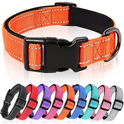 Image de HEELE Collier Chien, Réfléchissant pour en Néoprène Doux, Rembourré et Respirant Nylon, Ajustable Les Chiots Petits Moyens Grands Chiens, Orange, M