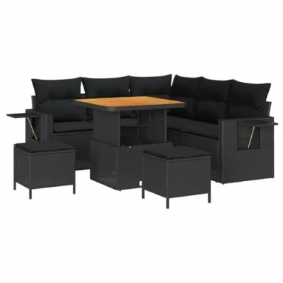Image de Ensemble de Canapé Jardin 8 Pièces avec Coussins Noir Poly Rattan Acacia, Dîners 3 3362909