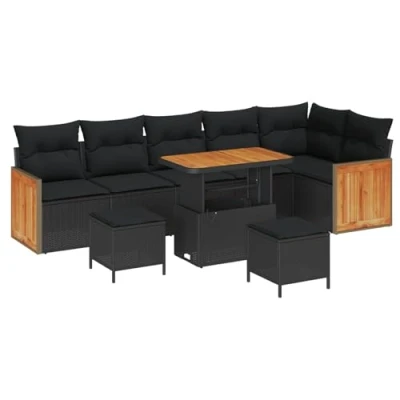 Image de Ensemble de canapé jardin 9 pièces avec coussins Rotin poly noir Acacia 3363324