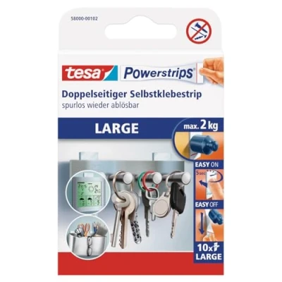 Image de Tesa Powerstrips (large, bandes adhésives double face pour le montage d&#039;objets sur des surfaces lisses, jusqu&#039;à 2 kg de puissance) (4, L)