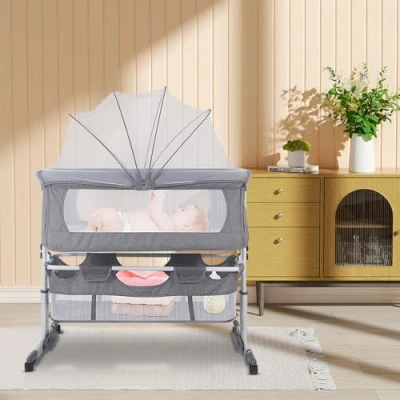 Image de Lit Bébé Cododo Berceau avec Matelas, Mode Bascule pour Bercer Bébé, Côté Repliable, Hauteur Réglable, Fenêtres en Filet, Roues et Sac de Voyage 0 6 Mois (92*58*70 90cm (gris))