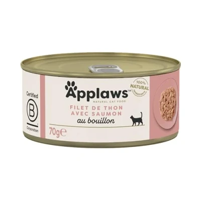 Image de Applaws 100% Natural Premium Tuna Fillet with Salmon Canned Wet Food in Broth Pack of 24 x 70g Cans