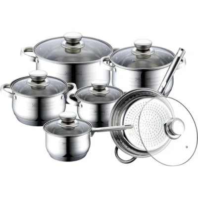 Image de ROYALTY LINE, Ensemble de 12 pièces, Batterie Cuisine en acier inoxydable, poêle à frire ø 24 cm, casseroles 16, 18, 20, cm avec couvercles verre, Tous Feux, Argent