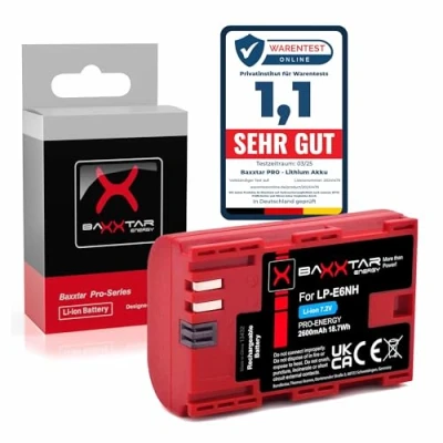 Image de Baxxtar Pro LP E6NH Batterie Rechargeable 2600mAh Compatible avec Canon R5 R5c R6 R6II R7 etc.