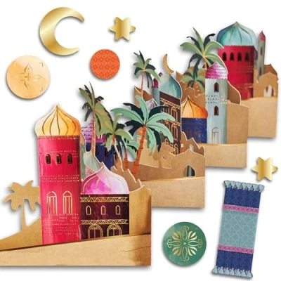 Image de Papierdrachen Ramadan décoration de Table Guirlande à Poser avec Motif Noble Maisons colorées et confettis Inclus doré Aïd Moubarak fête du Sucre
