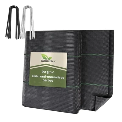 Image de GARDENIX Toile anti mauvaises herbes avec 50 ancres 20 m² (0,8 m x 25 m) Perméable à l&#039;eau 90 g/m² Noir Résistant aux UV Tissu de sol