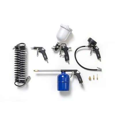 Image de FIAC Kit d&#039;Accessoires Compresseur 8 Pièces, avec un Gonfleur Manomètre, une Soufflette, Aérographe, Pistolet de Lavage, Tuyau Spiralé 5m, 3 Embouts Gonflage, Max. Bar, Noir