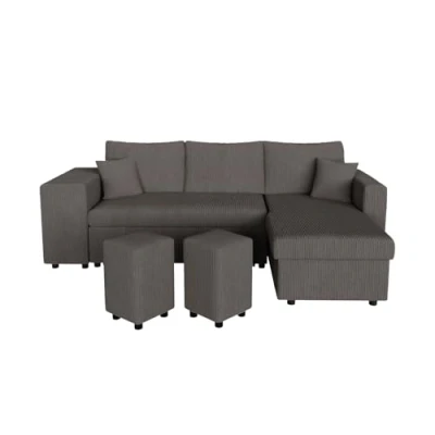Image de LOUNGITUDE Canapé d&#039;angle réversible Convertible Oslo avec Coffre et 2 poufs en Velours côtelé Gris foncé