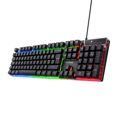 Image de Trust Gaming GXT 835 Azor Clavier Gamer Filaire AZERTY Français, Éclairage LED Arc en Ciel, Mode Jeu, 8 Touches Anti ghosting, à Membrane USB, PC/Ordinateur Portable Noir