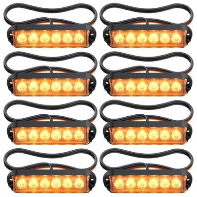 Image de Justech 8x 6 LEDs Feux Stroboscopique Ambre 22 Modes de Flash d’Urgence Fils Rouge Noir Blanc Jaune Étanche IP65 Alliages d’Aluminium 12V 24V Gyrophare LED pour Voiture Camion Remorque Caravane