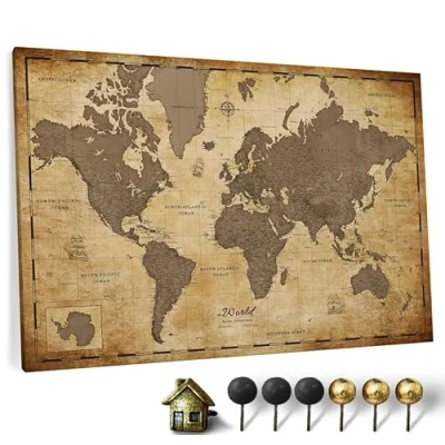 Image de Carte du monde en toile avec tableau d&#039;affichage liège Labels anglais Décoration murale décorative pour toutes les pièces Tableaux sur (70x50 cm, Motif 1)