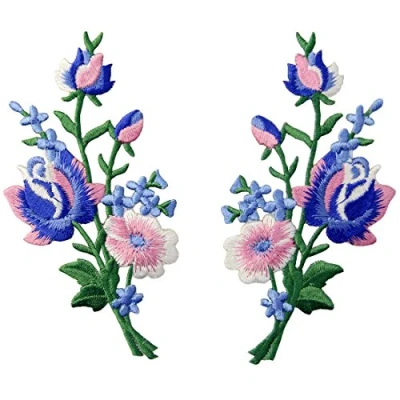 Image de Patch brodé en forme de Fleurs rétro, Bouquet Boho Rose, à coudre ou coller avec fer repasser, Rose Bleu