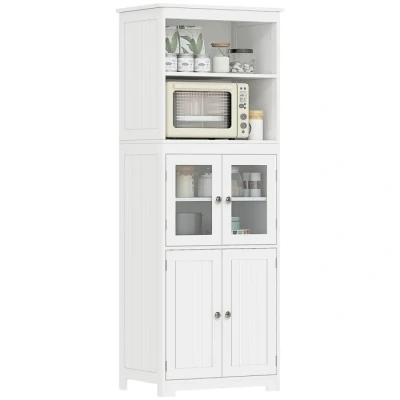 Image de HOMCOM Armoire de Cuisine Buffet vaisselier Meuble Rangement avec 2 niches, placards 4 Portes Dont vitrées, étagère réglable dim. 60I x 30P 162H cm Blanc
