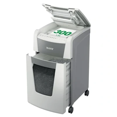 Image de Leitz IQ 80160000 Destructeur de Documents Coupe Micro Sécurité P5 pour Bureau, Automatique, Capacité 300 Feuilles, Corbeille 60 litres, Blanc