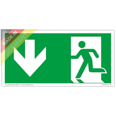 Image de Plaque de Issue der Secours Sortie extra longue luminescence PVC autocollant 297x148mm selon ISO 7010 Flèche gauche vers le bas Chemin fuite Dreifke® 160