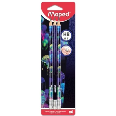 Image de Maped 6 Crayons Graphite HB2 Deepsea Paradise à Papier HB Embout Gomme Forme Triangulaire Ergonomique Mine Résistante