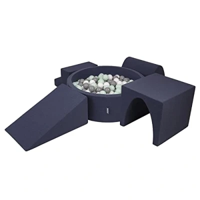 Image de KiddyMoon Aire De Jeux en Mousse avec Rond Piscine À Balles (200 Balles) Fosses Boules pour Enfants Jouets Parcours Obstacles, Fabriqué UE, Bleu Foncé:Blanc/Gris/Menthe