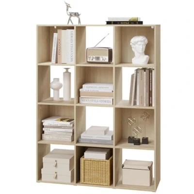 Image de eSituro Bibliothèque, Meuble Cube, Bibliothèque Étagère de Rangement avec 12 Compartiments Ouverts, pour Salon, Bureau, Chambre, en Bois d&#039;ingénierie, Chêne Clair, 91x29x120cm