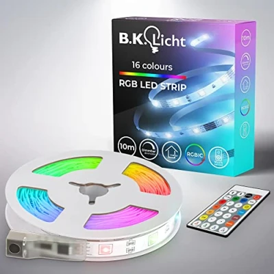 Image de B.K.Licht I RGBIC LED Strip 10 m Capteur de musique Music Sync Barre lumineuse Strips Ruban avec télécommande changement couleur lumineux autocollant