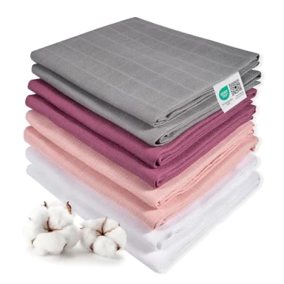 Image de MAKIAN Lange Bebe 80x80 cm (Lot 8 Pièces) en Mousseline 100% Coton, Certifié Oeko Standard Double Tissage Prune, Gris, Rose, Blanc