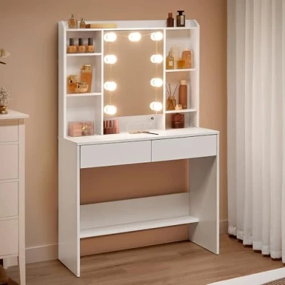 Image de VASAGLE Coiffeuse avec Lumières LED, 3 Tonalités et Luminosité Réglable, Table de Maquillage Moderne Miroir, 9 Ampoules, Étagères Réglables, 2 Tiroirs, Blanc Nuage RDT126W01