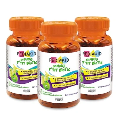 Image de PEDIAKID Gommes P&#039;tit Biotic Formule Naturelle au Délicieux Arôme de Pomme Contribue à Enrichir la Flore Intestinale Soutient les Défenses l&#039;Organisme Lot 3 piluliers