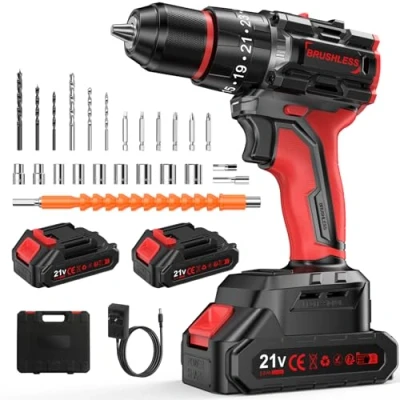 Image de Brushless Perceuse Visseuse Sans fil, Fil Devisseuse Avec 2 * 2Ah Batteries, 55 Nm Percussion, Vitesses, Mandrin 10mm