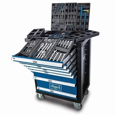 Image de Scheppach Servante d&#039;atelier TW1100 Set d&#039;outils Chariot d&#039;outillage avec 4 roulettes 70 pièces incluses Verrouillable et Mobile 7 tiroirs