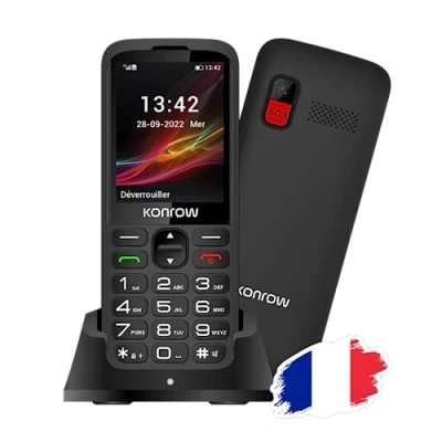 Image de Konrow Senior 280 Grosses Touches Très Facile d&#039;Utilisation Écran 2,8&#039;&#039; Lisibilité Optimale Double Sim Station de Charge Bouton SOS Appareil Photo et Bluetooth 32Mo RAM Noir