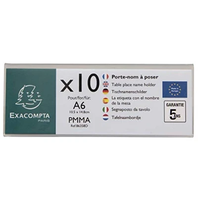 Image de Exacompta Réf. 86358D 1 Lot de 10 porte noms (A6 plié) horizontal Office Dimensions 150 x 55 mm PMMA (acrylique) table, affichage, réception, bureau, magasin, restaurants Couleur Cristal