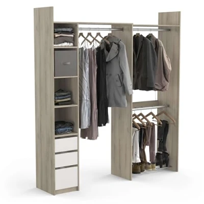 Image de Kit Dressing Extensible D’Angle Ouvert &amp; Modulable 3 Tiroirs Barres De Penderie Coloris Chêne Blanc 199,7 x 43,9 218,3 cm