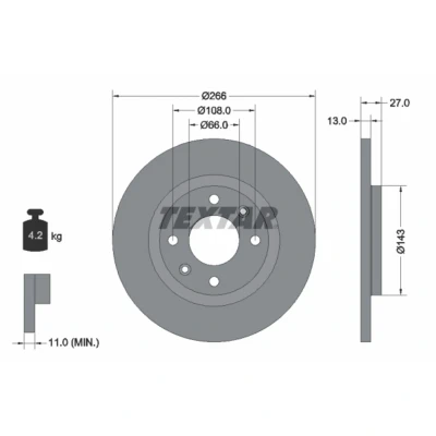 Image de TEXTAR PRO 92089103 Disque de frein 266 13 04/06 108 plein revêtu sans boulon fix roue, moyeu roue CITROËN: C2 3/5 portes, C3 II