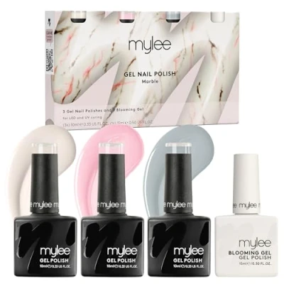 Image de Mylee Marble Quad, 3 x vernis Gel et 1 Blooming pour créer un Nail Art aquarelle à effet marbré, Manucure UV/LED utilisation en salon domicile, application facile de longue durée