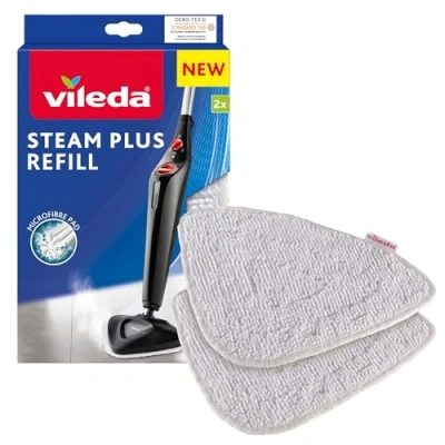 Image de Vileda Recharge pour balai vapeur Steam de Vileda, pack 2, 100% microfibres standards blanches, officielle compatible avec triangulaire