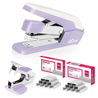 Image de deli Effortless Agrafeuse de bureau robuste, capacité 40 à 50 feuilles, un doigt, sans effort, avec agrafes et détache agrafes, violet