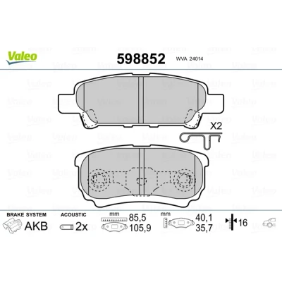 Image de VALEO 598852 Jeu de plaquettes frein Essieu arrière contact signal d&#039;usure inclus avec tôle anti bruit CITROËN: C4 Aircross, C Crosser SUV