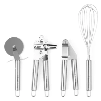 Image de Russell Hobbs RH00124 Ustensiles de Cuisine Emsemble en Acier Inoxydable, 4 Pièces, Comprend Un Coupe Pizza, Fouet Batteur, Une Presse à Ail et Ouvre Boîte, Argenté