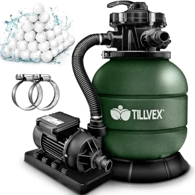 Image de tillvex® Système de Filtre à Sable 7.900L/h + 400g Boules 7 Fonctions Filtration &amp; Adaptateur 2en1 Ø32 38mm piscine avec indicateur pression (Vert)