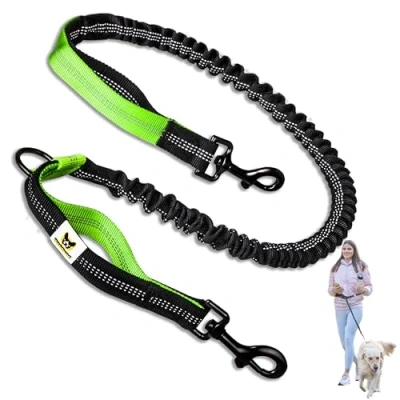 Image de Hundefreund Laisse De Chien Extensible Vert Elastique pour La Course/Vélo/Marche Remplacement avec 2 Boucles et Absorption des Chocs