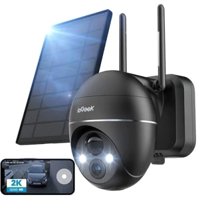 Image de ieGeek 2K Camera Surveillance WiFi Exterieure sans Fil, Solaire avec Batterie, Pan 355/Tilt 120, Détection Humaine PIR, Alarme Auditive, Vision Nocturne Couleur, Audio Bidirectionnel