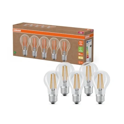 Image de OSRAM Lampes LED très efficaces avec classe d&#039;efficacité énergétique A, Pack avantage 5 ampoules, remplace les ampoules à incandescence 60W, blanc chaud, E27, verre filament