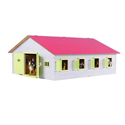 Image de Kids Globe Farming 610189 Cour équestre en Bois 1:24 avec 7 boîtes, Jouet de à Chevaux, Toit Pliable Pratique, pour Toutes Les Figurines d&#039;animaux courantes