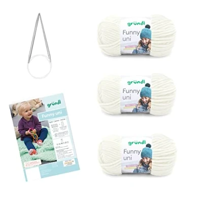 Image de Gründl Laine pour Tricoter Ensemble de Tricot Funny uni (Fil Chenille velouté) 3 x 100 g + Aiguilles 5 6 Instructions Une Couverture bébé, crème
