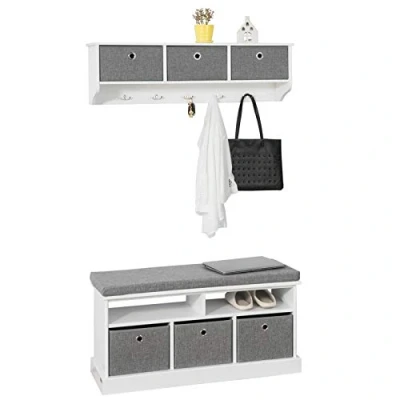 Image de SoBuy® Meuble d&#039;Entrée Ensemble Portemanteau Mural 3 Tiroirs + Banc de Rangement avec Coussin Rembourré, 2 Compartiments et Paniers FRG282 W FSR67 HG