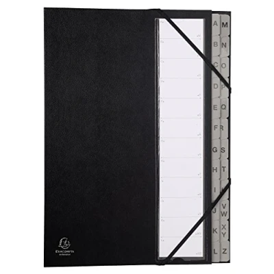 Image de Exacompta Réf. 56090E 1 trieur Ordonator avec élastiques couverture rigide en carton onglets imprimés plastifiés de A à Z 24 compartiments dim 23,5x 33,5 cm pour A4 couleur noir