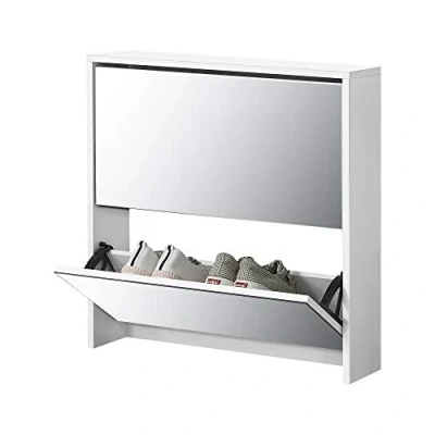 Image de [en.casa] Meuble à Chaussure Rangement Porte Chaussures pour 6 Pairs de 2 Surfaces Stockages MDF Miroir 67 x 63 17cm Blanc