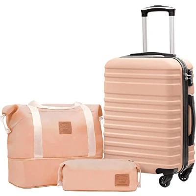 Image de COOLIFE Set de Valises Voyage Valise ABS avec Cadenas TSA Poignée télescopiq,1 Bagage Cabine Extensibles et 1 Portable Trousse Maquillage (Rose, 3 (20&quot;))