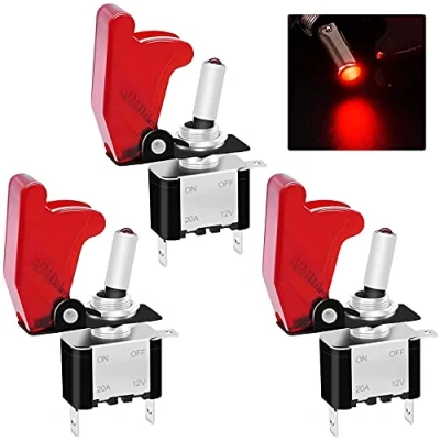 Image de Taiss 3 pièces Interrupteur à Levier 12V 20A Marche/Arrêt SPST Broches bascule 2 Positions avec LED Rouge Couvercle de sécurité étanche Rouge,pour Bateau Auto Camion ASW 07DRRMZ