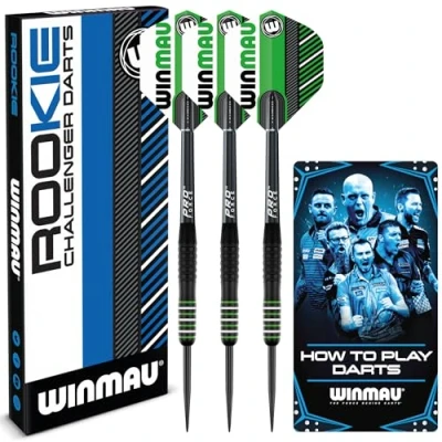 Image de WINMAU Rookie Jeu de fléchettes en Laiton Vert avec ailettes, tiges (tiges) et livret Exclusif