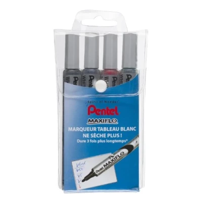 Image de Pentel Maxiflo Pochette 4 Marqueurs tableau blanc Pointe conique moyenne Encre Noir, Bleu, Vert, Rouge